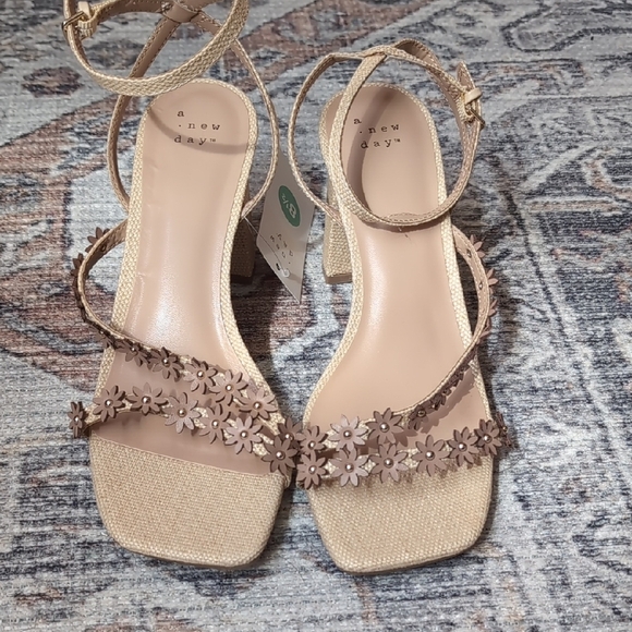 A New Day Women's Woven Tan Sandals With Flower Accented Straps - Picture 1 of 8